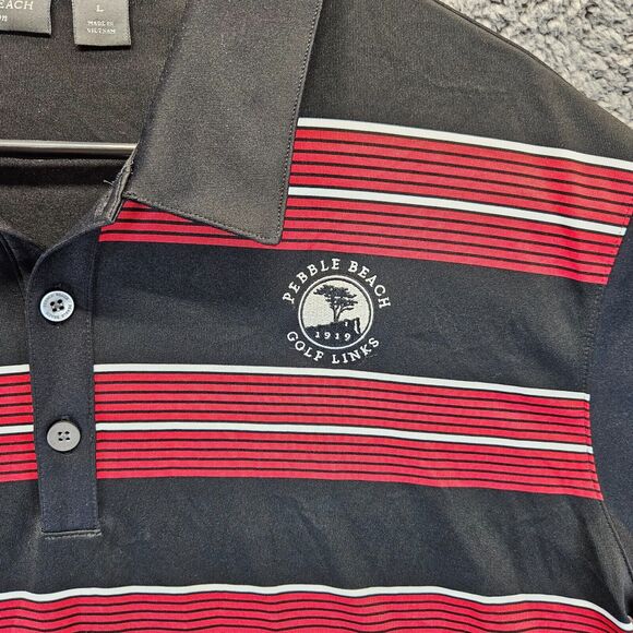 Peble Beach Polo Shirt Mens Size Large Black Red Striped Short Sleeve - Picture 2 of 8